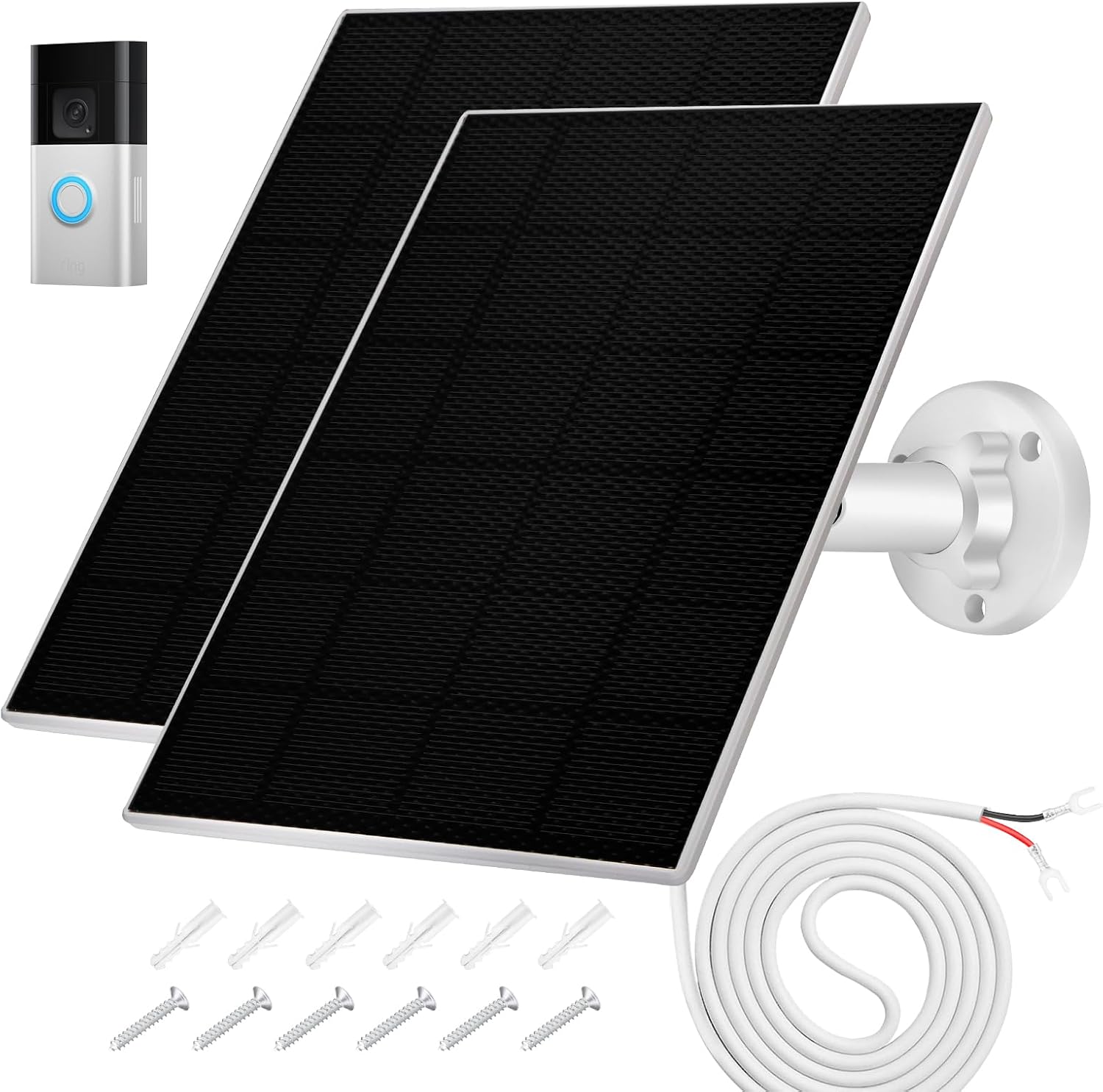 Solar Panel Battery Compatible with Video Doorbell 3 and 4, Battery Video Doorbell Plus, 13ft Charging Cable, 360°Adjustable Wall Mount (2 Pack)