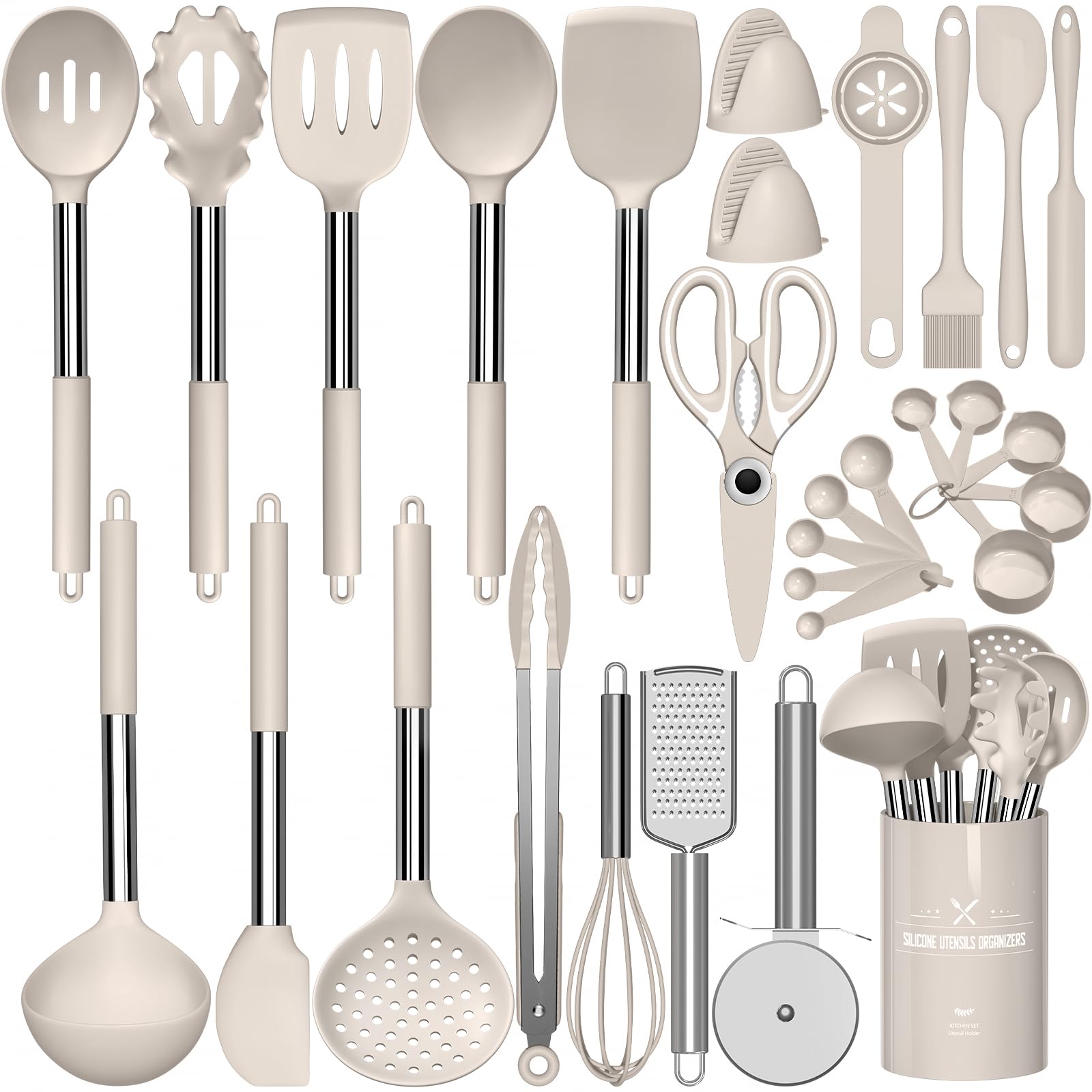 AIKKIL Set di utensili da cucina in silicone resistente al calore, spatole con supporto, set di 30 utensili da cucina kaki per pentole antiaderenti (senza BPA)