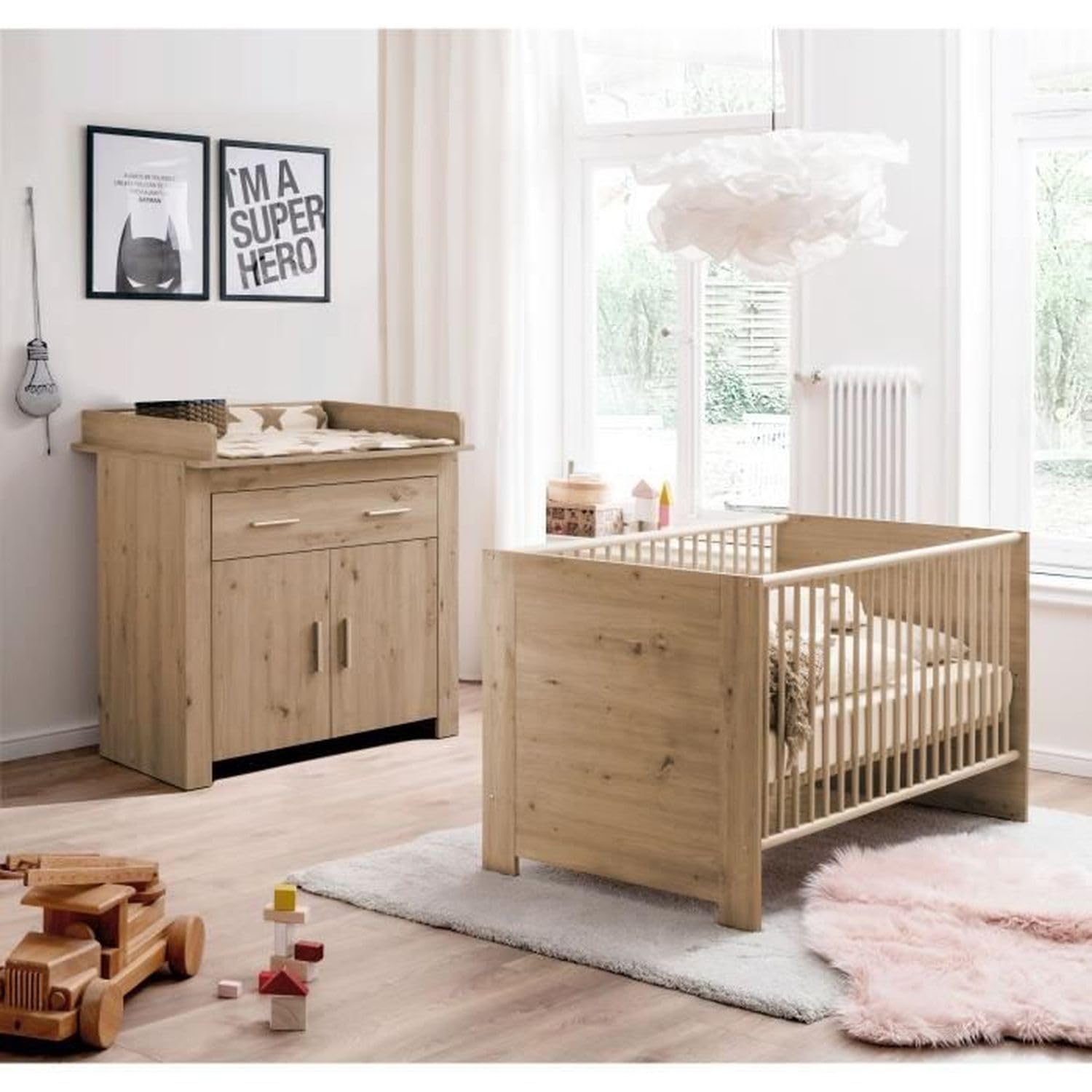 TREND TEAM Chambre bébé Duo : Lit 70 x 140 cm + Commode a Langer AHOI - Chene