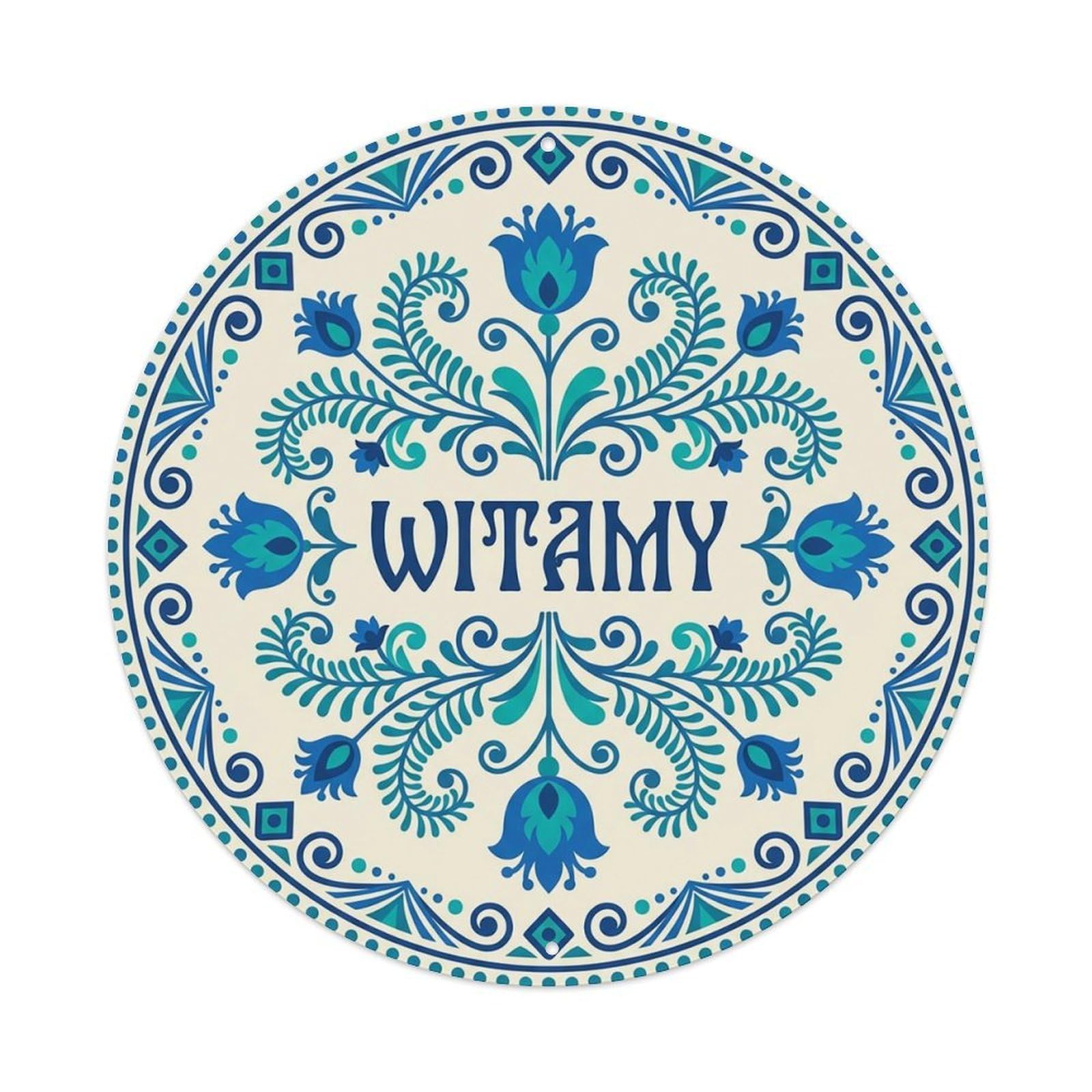 Vintage Polish Folk Art Witamy Welcome Sapphire Fern Metal Tin Sign