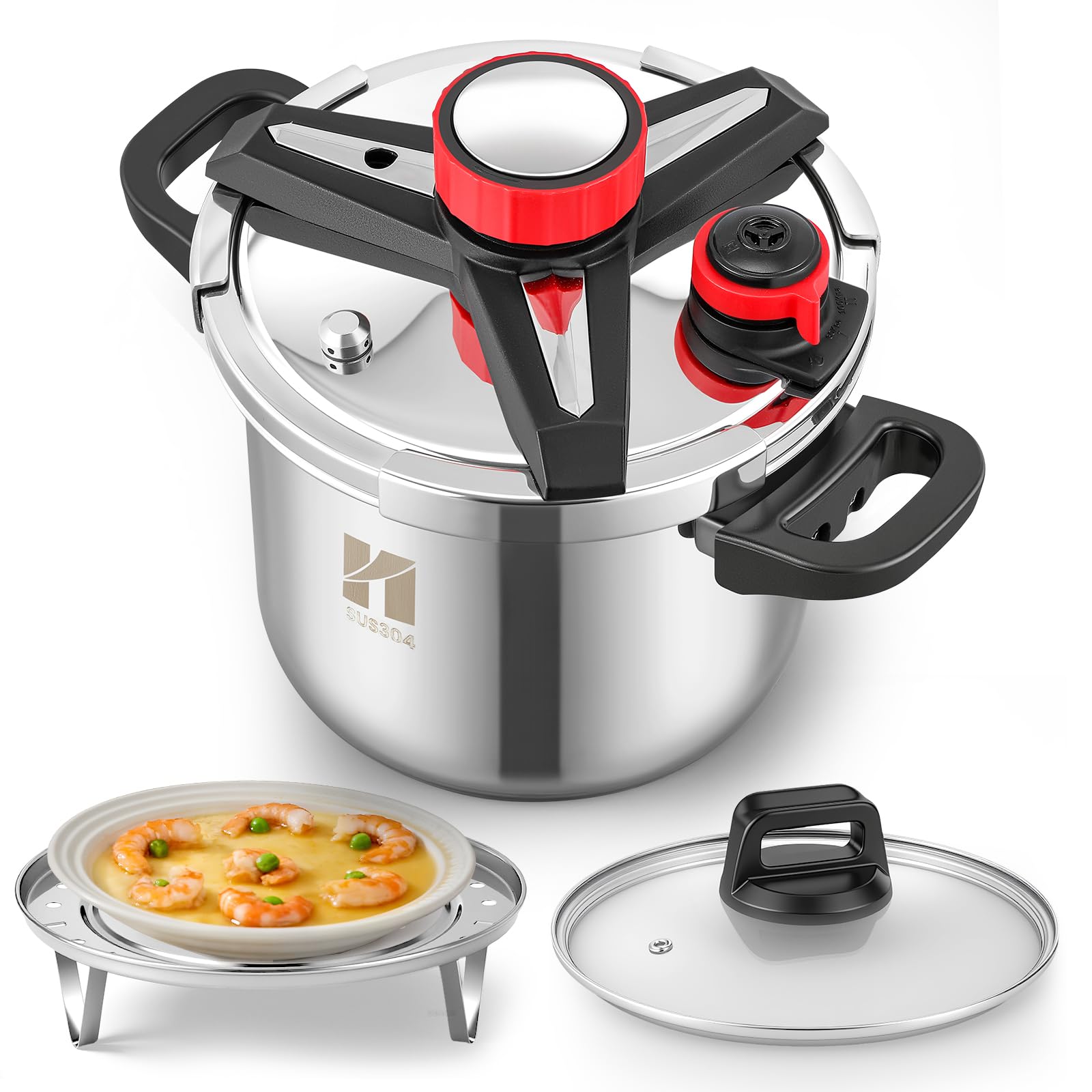 Huanyu Pentola a pressione 3 in 1 da 7 litri in acciaio inossidabile con piastra per cottura a vapore e coperchio in vetro Pentola a pressione antideflagrante adatta a tutti i tipi di fornelli (7 L)