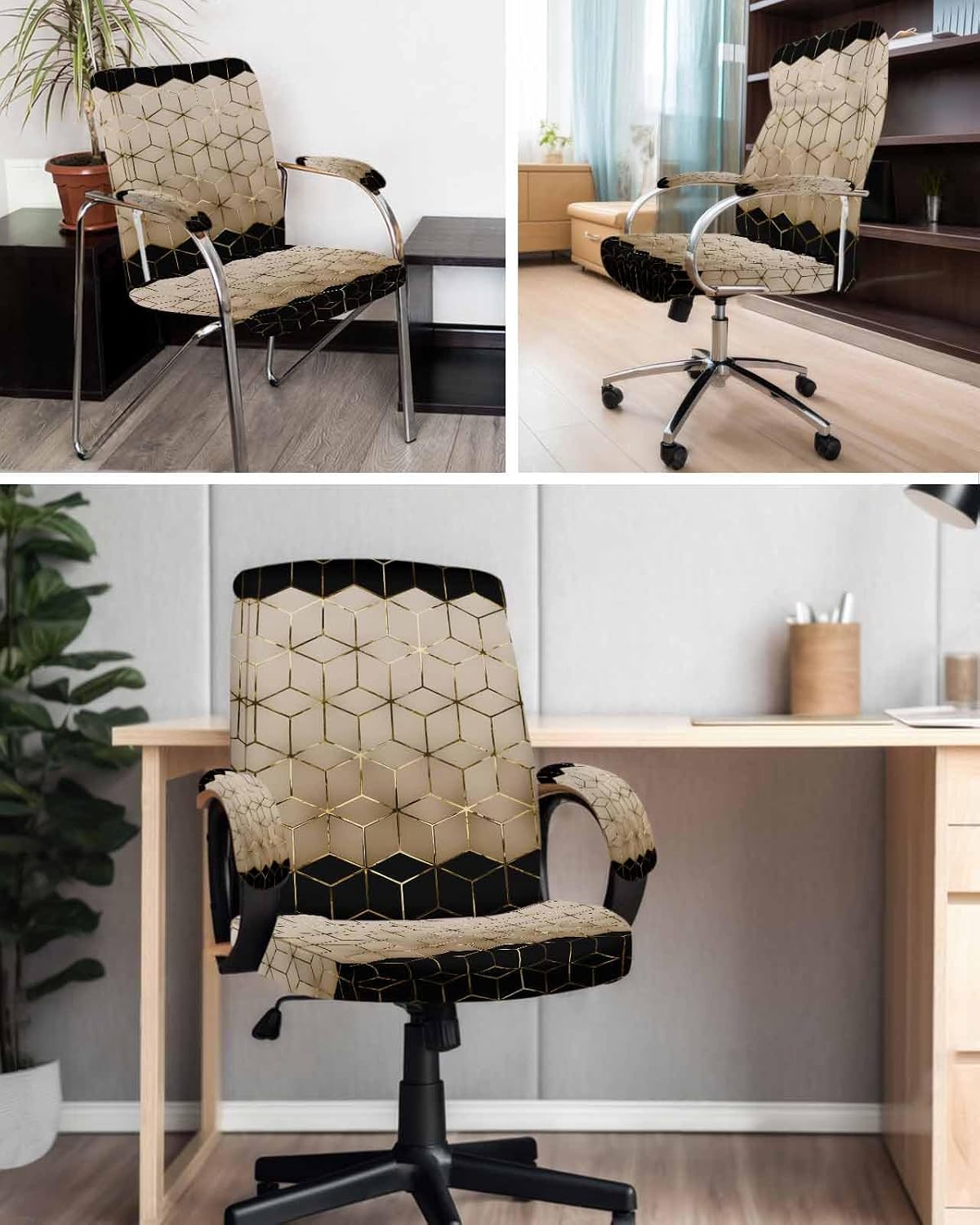 Brown Geometric Office Chair Covers with Armrest Covers, Rotating Chair Cover, Modern Abstract Art Ombre Armchair Slipcovers Decorative Backrest and Seat Protectors, Large