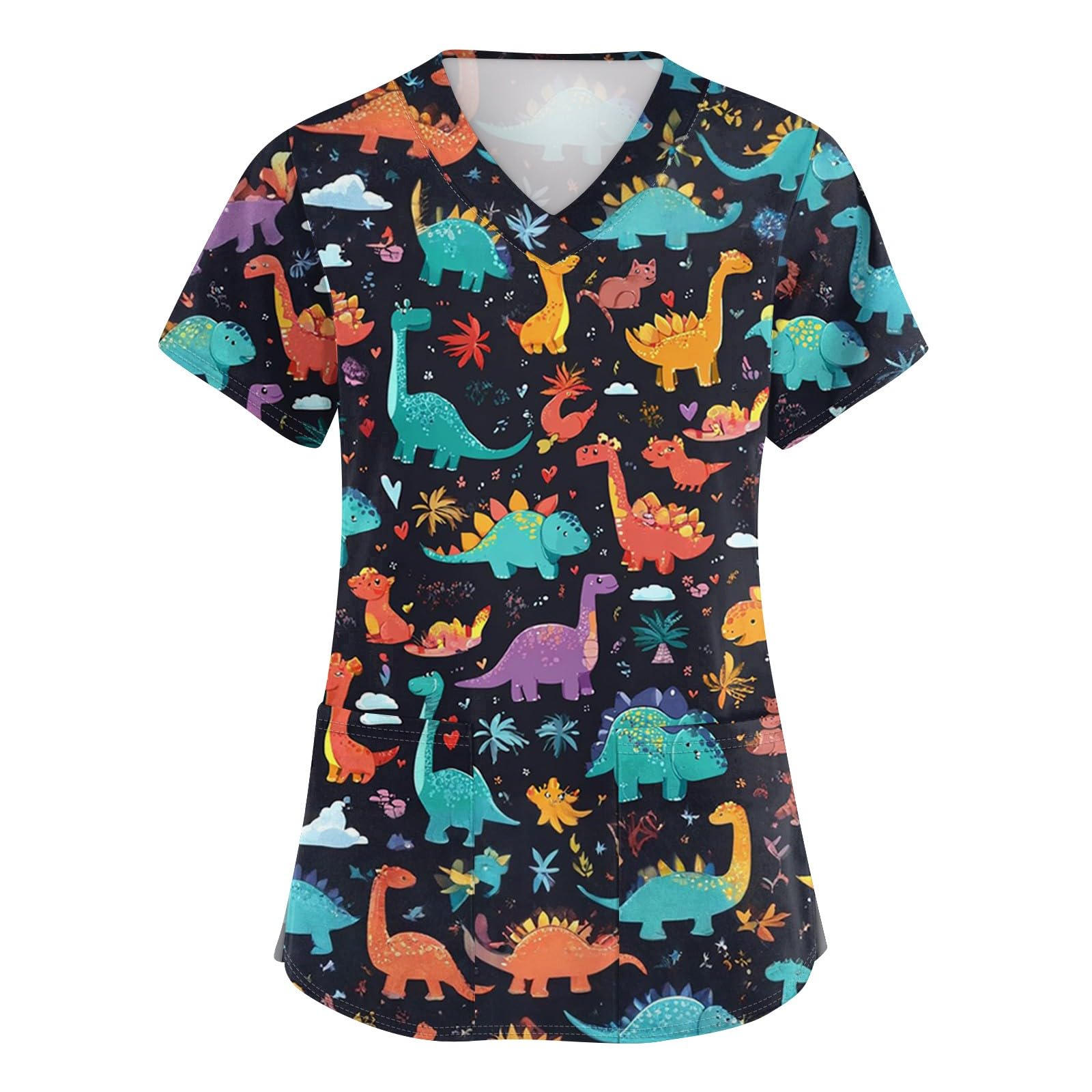 Scrub Tops Women Short Sleeve Plus Size V-Neck Fun Printed Scrubs Top Medical Nursing Uniforms with Pockets S-5Xl