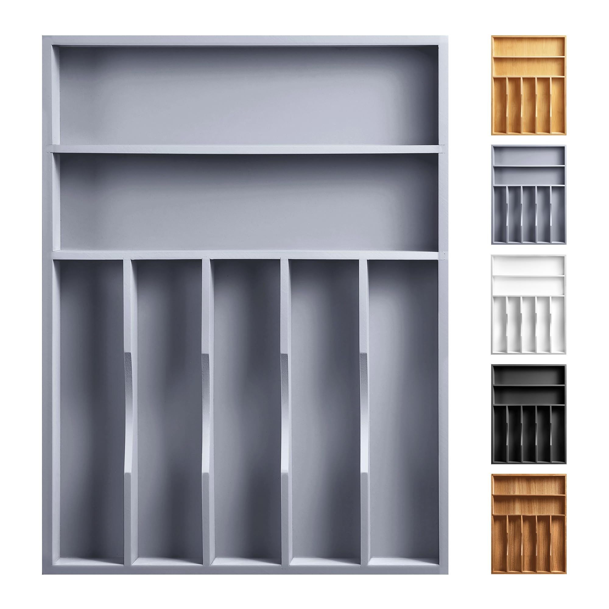 Kitchen Bamboo Silverware Organizer, Kitchen Drawer Organizer - Utensil Holder and Cutlery Tray with Grooved Drawer Dividers for Flatware 7 Slot, Grey