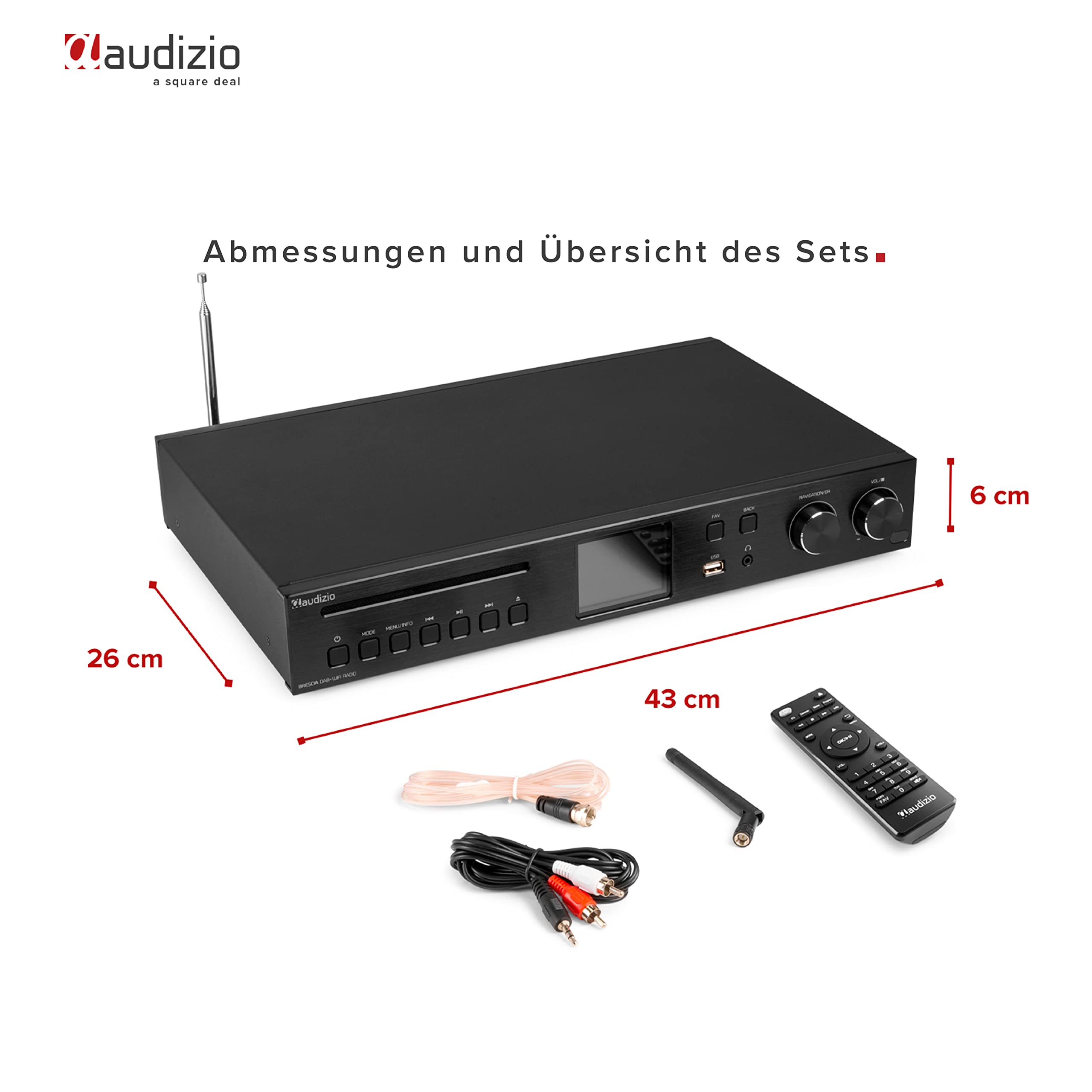 Audizio Brescia Digital Radio Receiver HiFi, Internetradio mit CD Player, DAB Tuner für stereoanlage, WLAN, Bluetooth, USB, RCA, AUX, MP3, Alarm, Sleeptimer, mit Fernbedienung, Schwarz