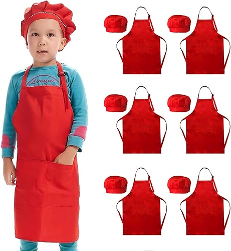 Miniatura 7 de Paquete de 6 delantales negros para niños y sombrero de chef, juego de delantales de pintura ajustables con bolsillos para niños, niñas y niños,