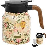 Chá com padrão floral vintage de 1000 ml, bule de chá térmico com alça e infusor embutido, chaleira isolada de aço inoxidável, jarra de café a vácuo, vaso de infusor isolado com padrão floral (bege)