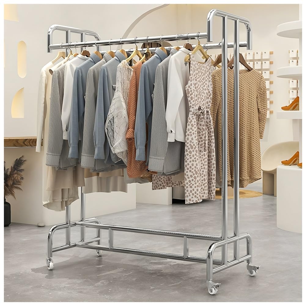 Wytrzymały przenośny wieszak na ubrania, wolnostojący, podwójny, wiszący stojak do sypialni i sklepu, solidny organizer na ubrania (100 x 50 x 140 cm) idealny do domowych rozwiązań