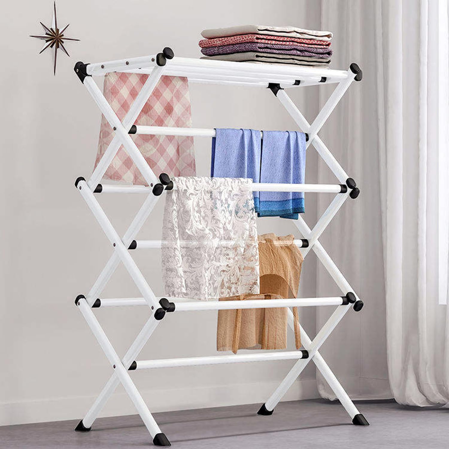 HIKKYPortable Expandable Clothes Drying Rack, Foldable Laundry Drying Rack, Towel Rack for Air Drying Clothing, Bed Linen, Clothing, Socks, Scarves, Suitable for Indoor, Outdoor, Balcony(White)