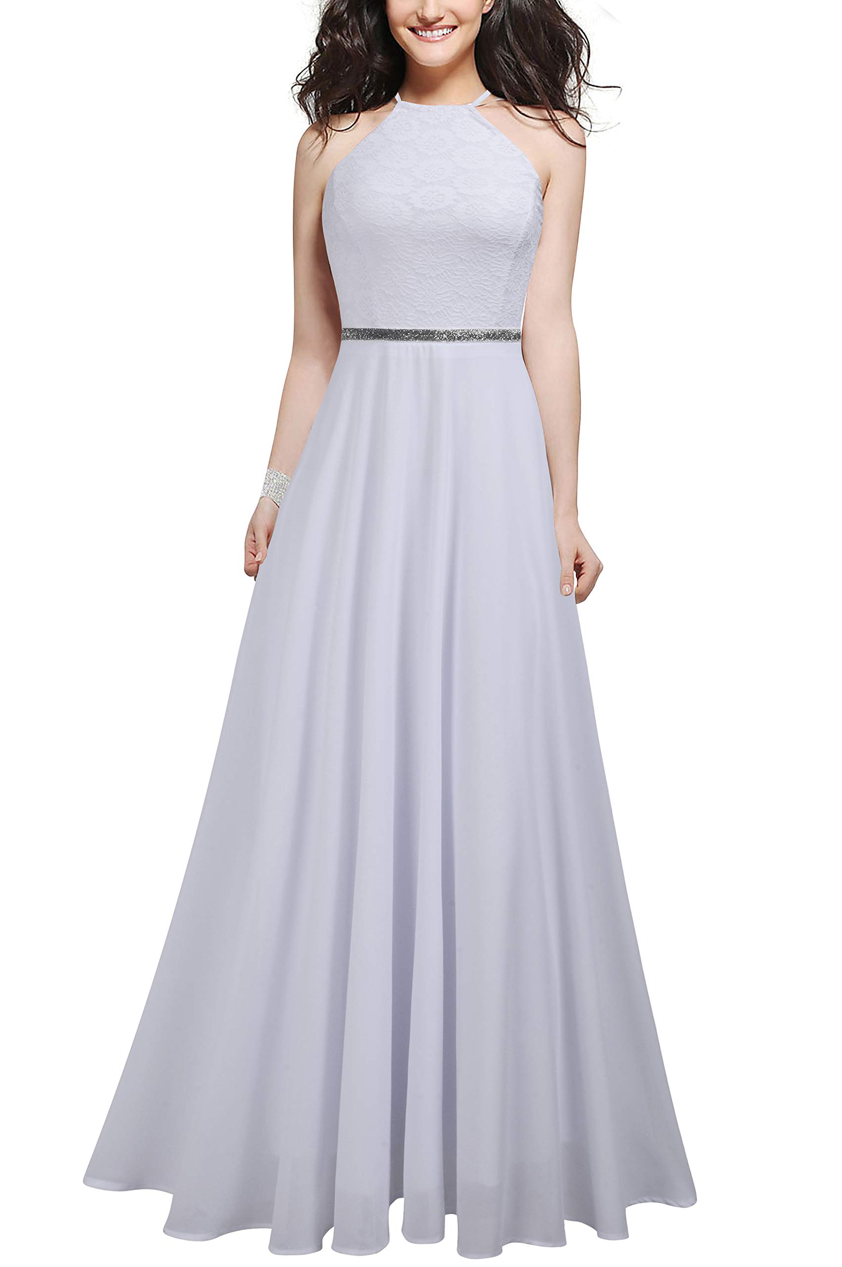 Women's Vintage Halter Wedding Bridesmaid Chiffon Long Dress (L, White)