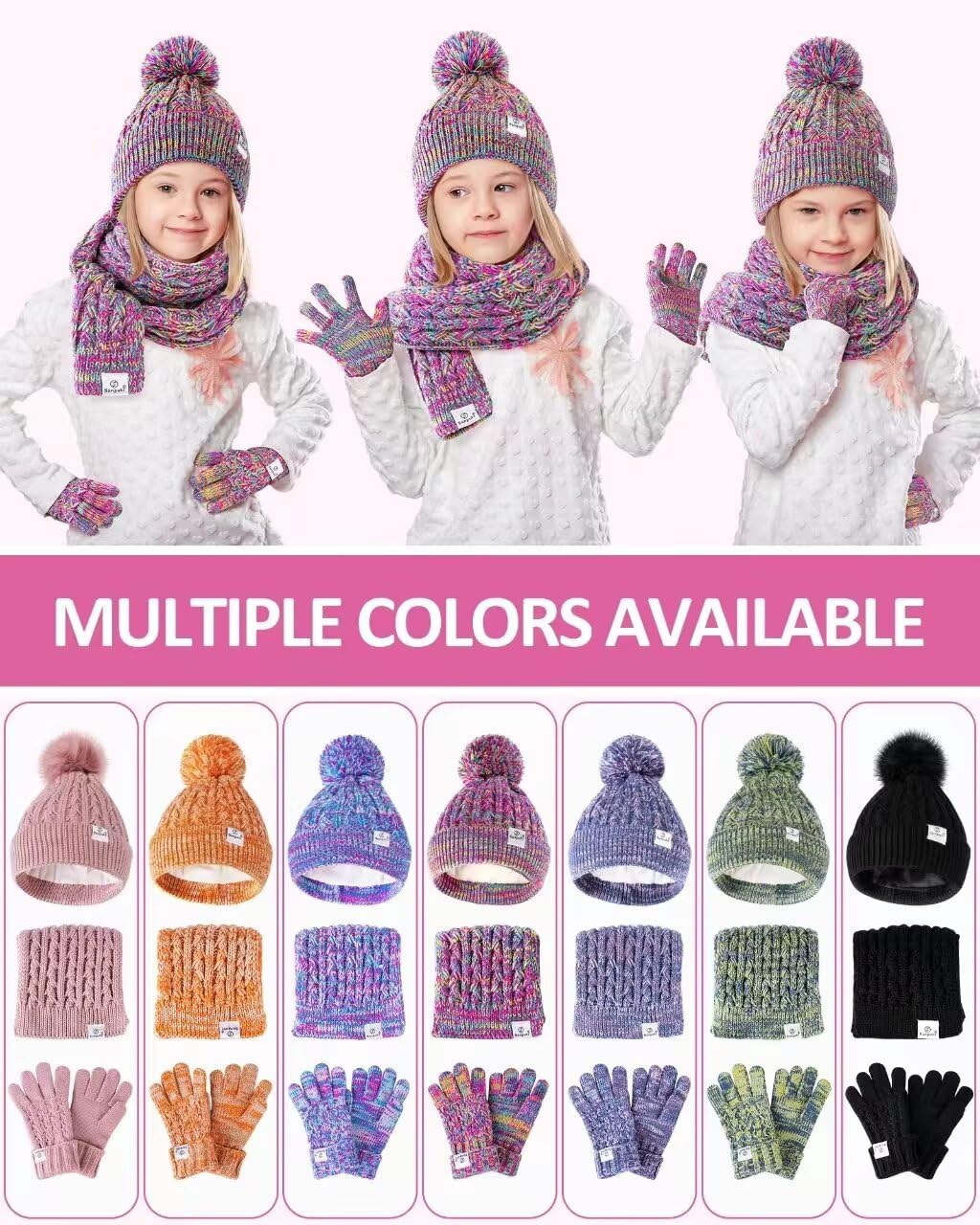 Kinder-Wintermütze, Handschuhe, Schal, Set, Mädchen, Kleinkind, Wintermütze, Beanies mit Bommel, Halswärmer, Gamasche, Fäustlinge, Fleece-gefüttert, Weihnachtsgeschenk für Kinder (Rose Rot und Blau)