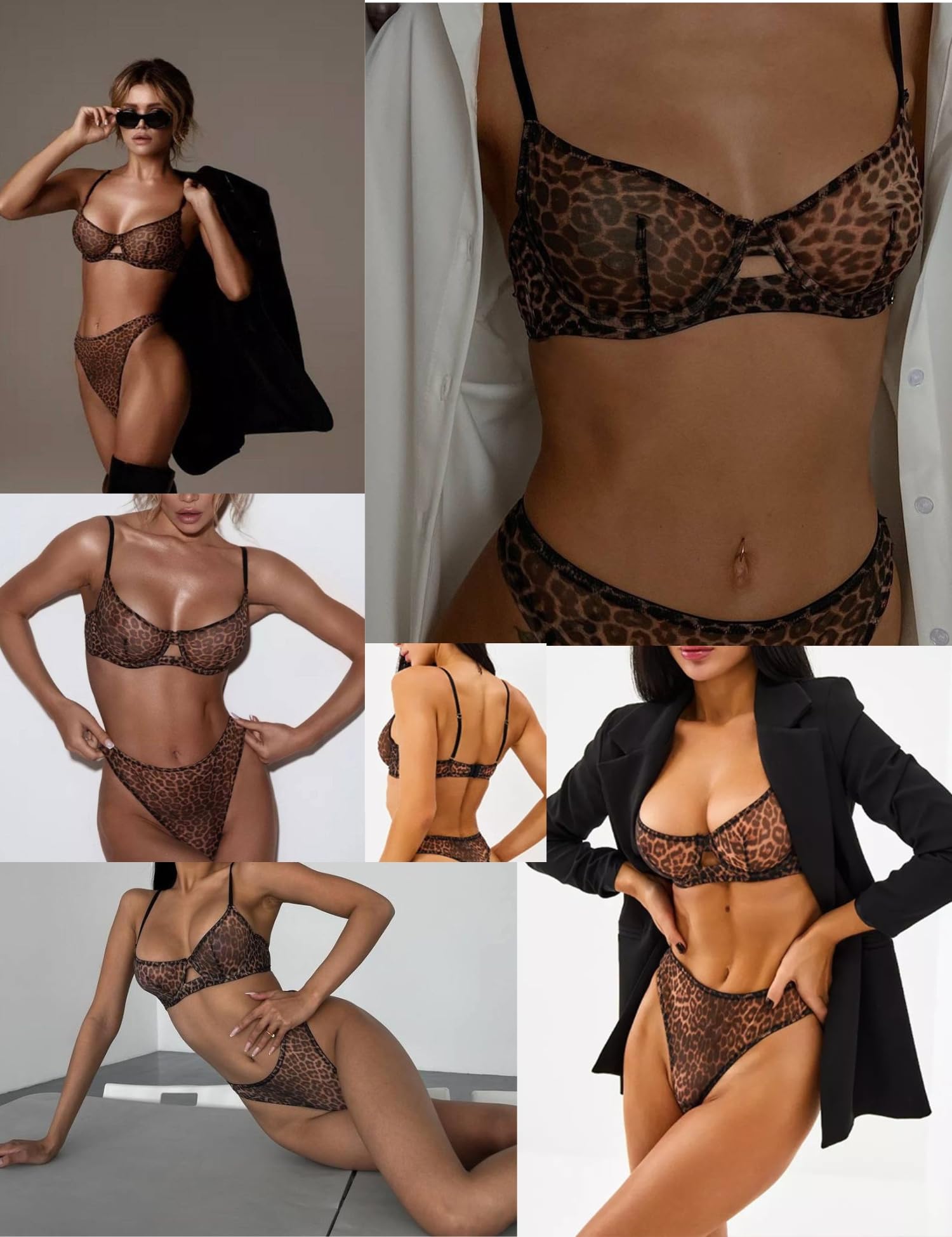 Conjunto de lencería Transparente con Estampado de Leopardo Conjunto de Ropa Interior de Leopardo de Malla Ultrafina Conjunto de Sujetador y Braguitas con Aros Babydoll de Cintura Alta Conjunto de