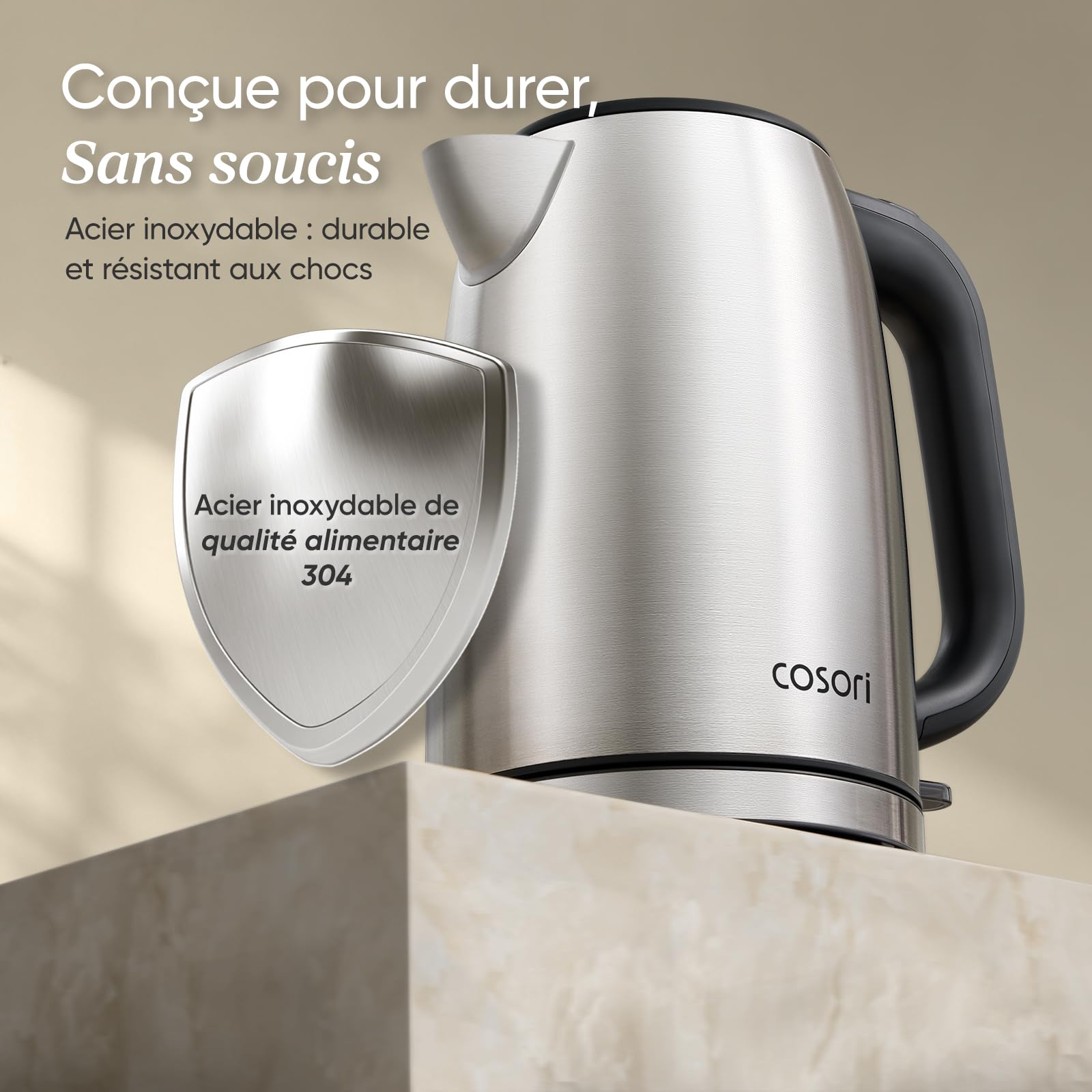COSORI Hervidor de Agua Eléctrico 1,7L Acero Inoxidable 304, 2200W, Sin Plástico en Contacto con el Agua, Sin BPA, Ebullición Rápida, Termostato Strix, Base 360°, Apagado Automático, Negro/Plata — view 4