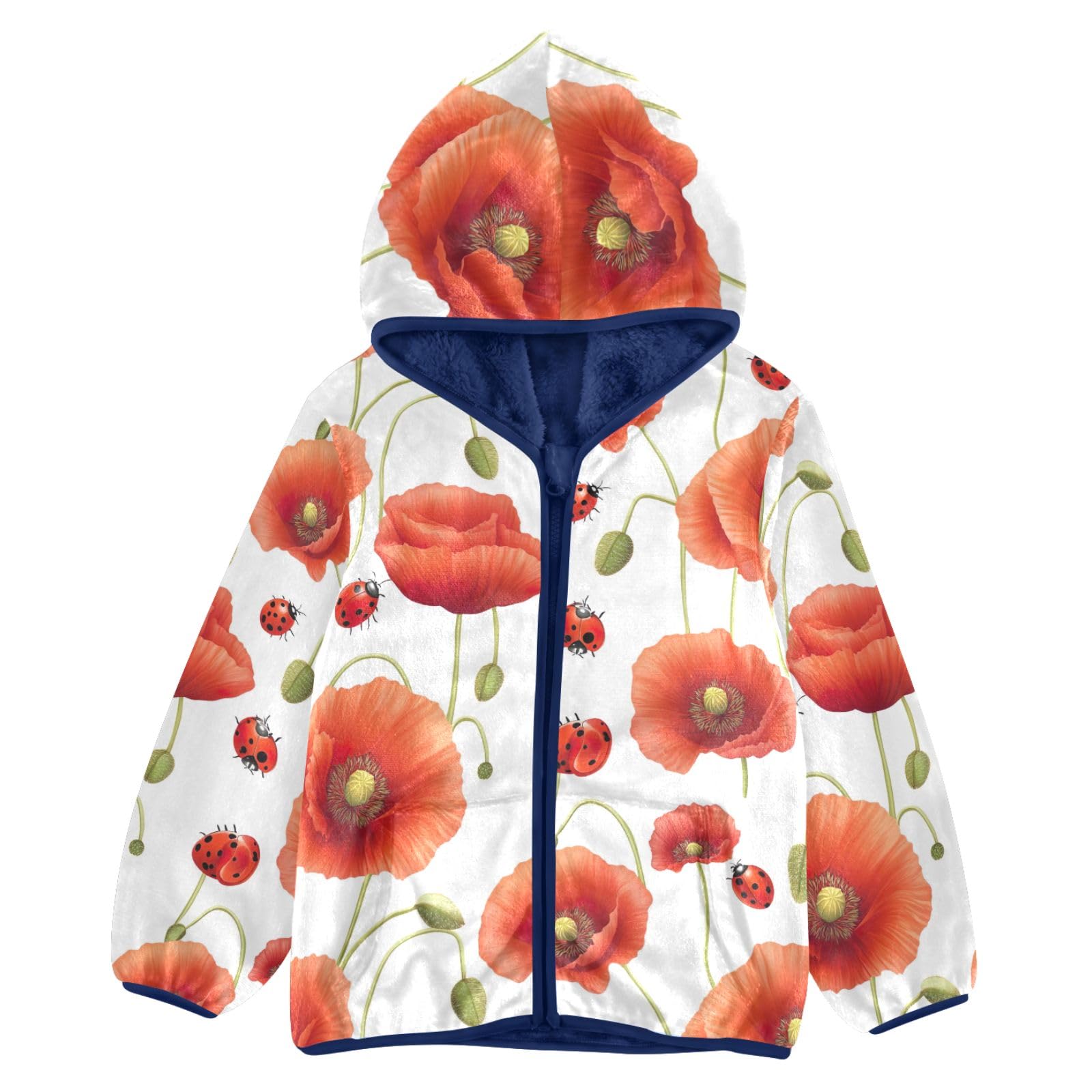 CHIFIGNO Fleece Jacket for Boys Cute Printed Boys Jackets Toddler Sweatshirt with Pockets for Toddler and Kids, Red Poppy Flowers Ladybirds, 6T