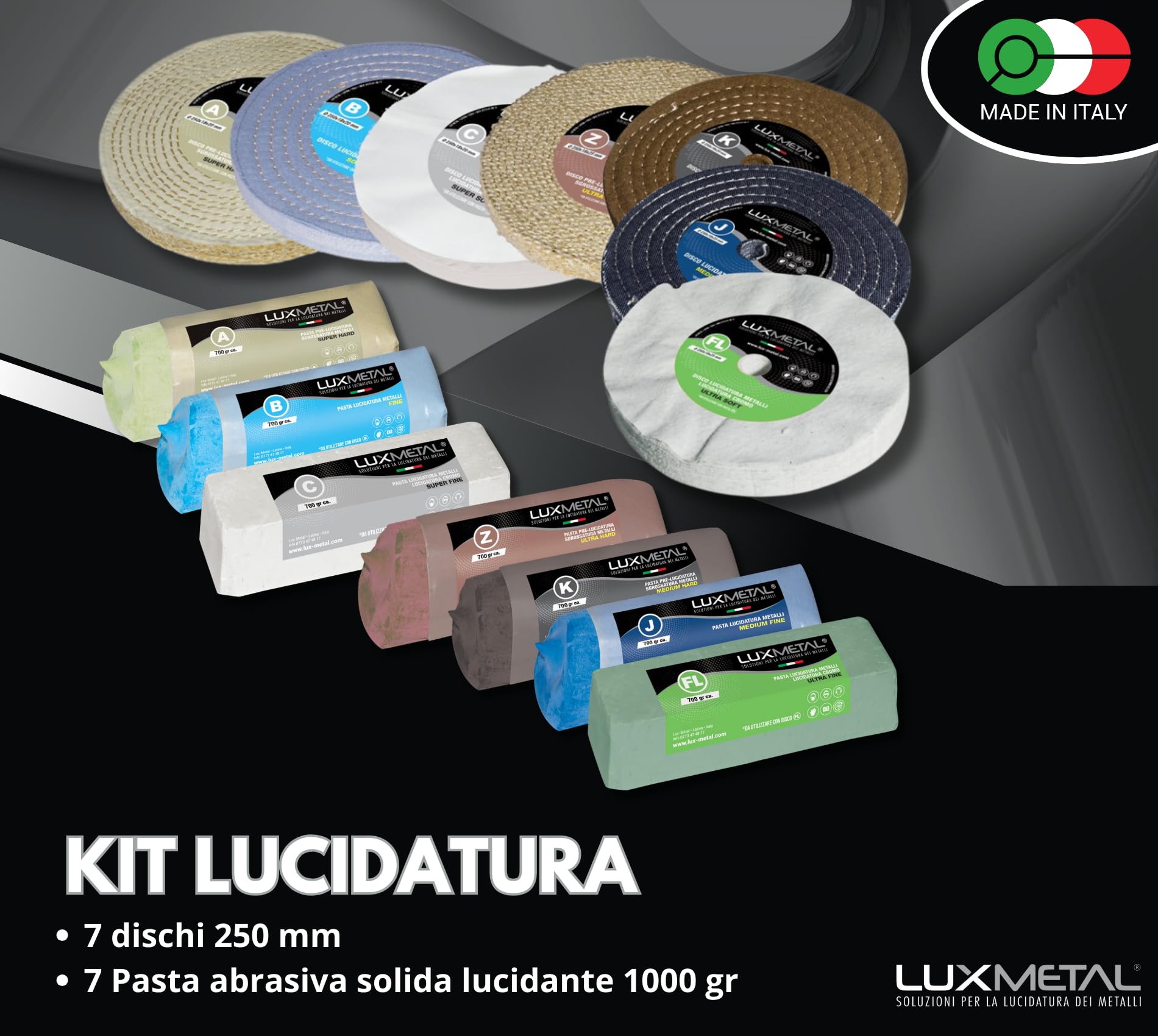 Lux Metal - Kit 7 Disco Lucidante 250 mm e 7 Pasta Abrasiva Lucidante 700 gr - Per Alluminio, Ferro, Acciaio Inox, Bronzo, Marmo - Ruota Lucidatura Metalli Mola Smerigliatrice Feltro