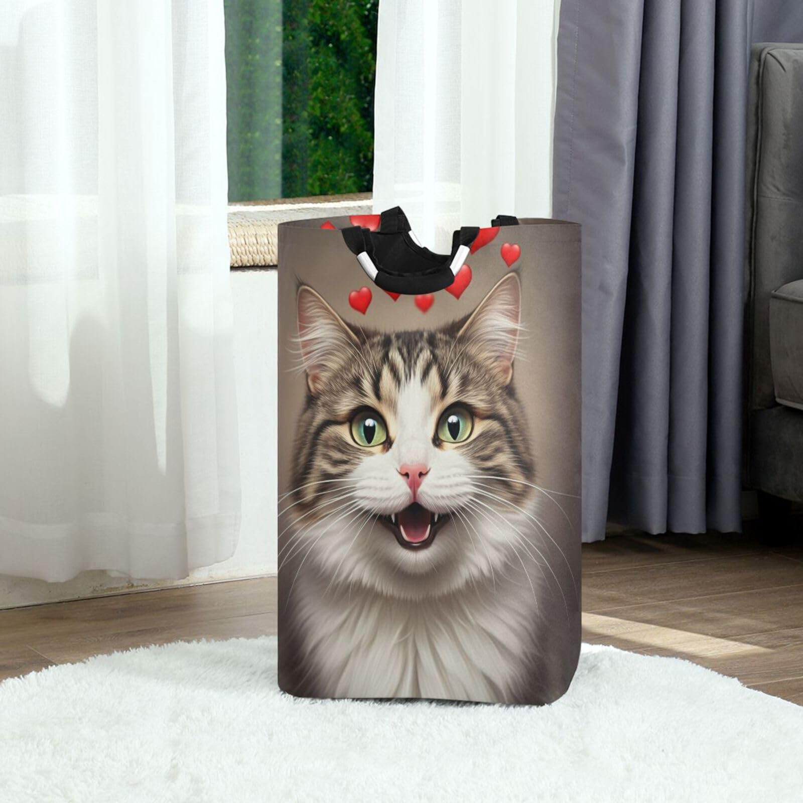 Jihqo Laundry Hamper Basket Smile Cat Red Hearts Collapsible Nursery Storage Bin Waterproof Clothing Baskets for Home Bedroom Bathroom Washing Room