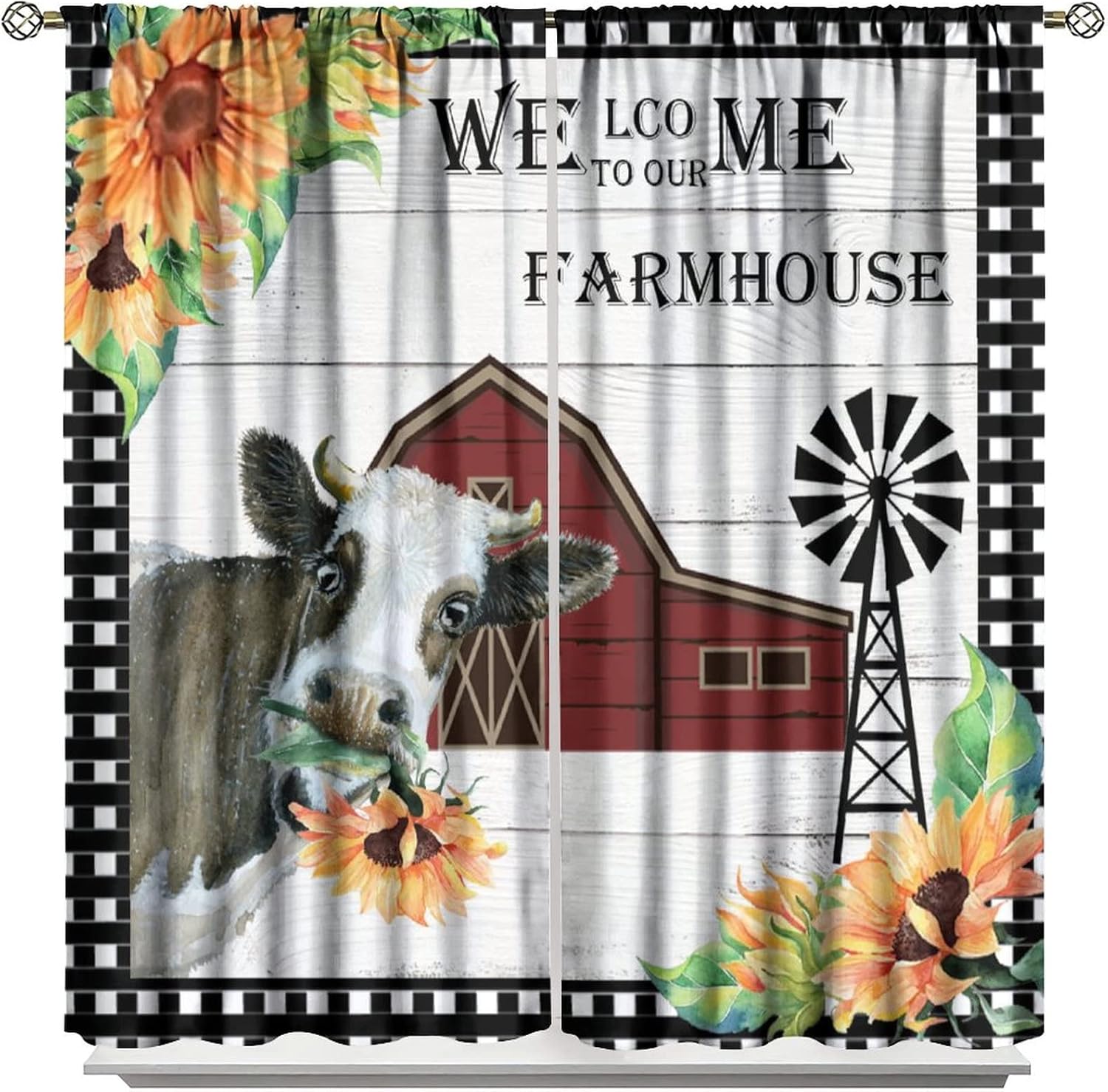 Farm Cow Window Curtains,Rustic Western Country Funny Animal Vintage Red Farmhouse Windmill Sunflower Barn Wood Print Pattern Blackout Drapes for Kitchen Living Room 42x45 Inch
