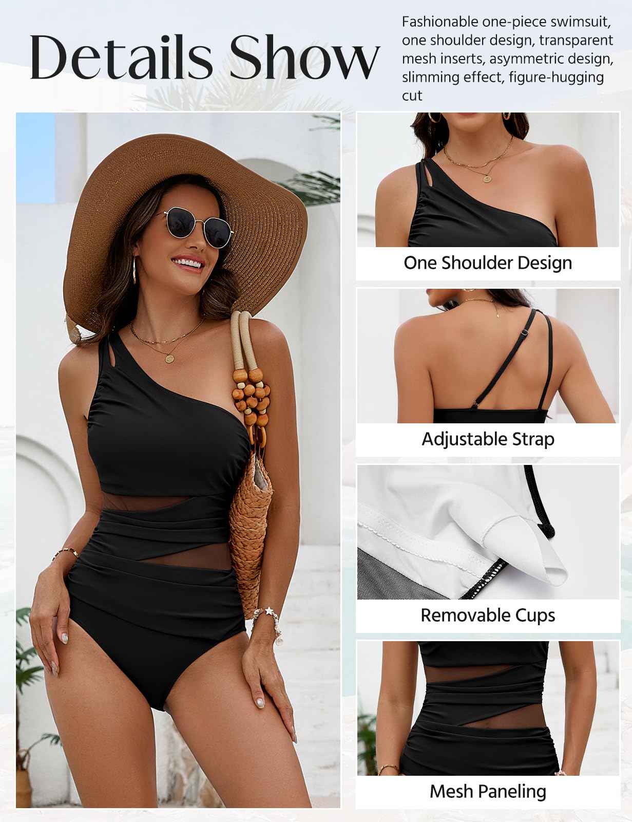 Svanco Bañador de Mujer Reductor Barriga Vientre Plano, Traje de Baño Sexy Push Up con Relleno, Diseño de Un Hombro con Paneles de Malla, Ideal para Playa y Natación