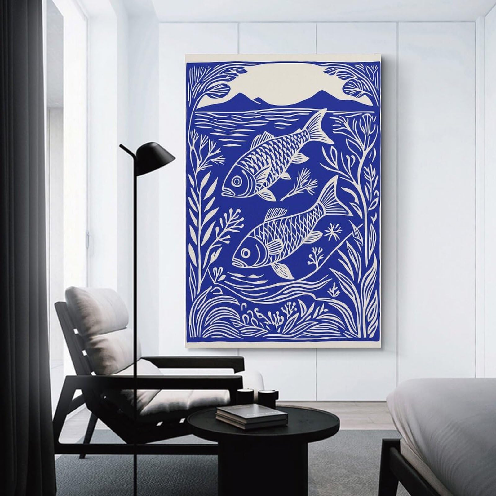 Junmoney Blue And White Fish Illustration Hanging Wall Art, 20x30inch(50x75cm), for Bedroom, Guest Room Or Reading Nook, Home Artwork with A Soft Interior Feel