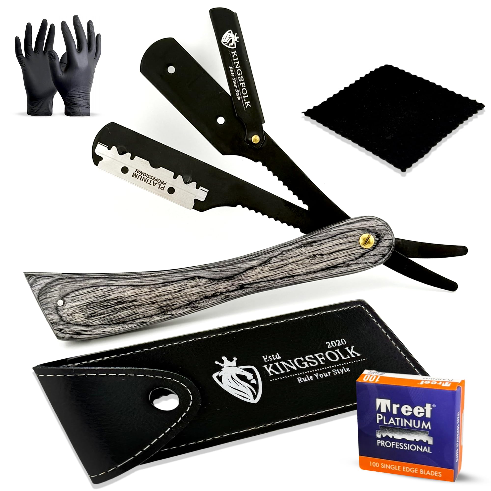 Professional Straight Razor Kit for Men – Wooden Handle Razor with 100 Platinum Blades, Leather Case, Nitrile Gloves & Cleaning Cloth – Barber Grade Wet Shave Set