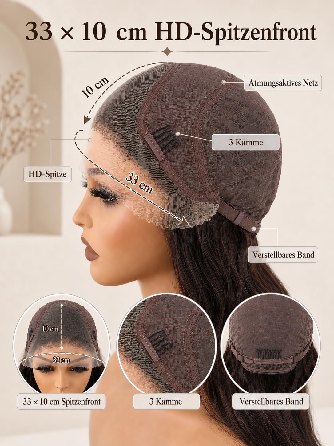 Body Wave Perücke 75 cm Dunkelbraun 33x10 cm Spitzenfront | 100% Echthaar, HD unsichtbare Spitze, vorgezupfte Haarlinie, kleberfrei, Damenperücke, weiche Body-Wave-Textur