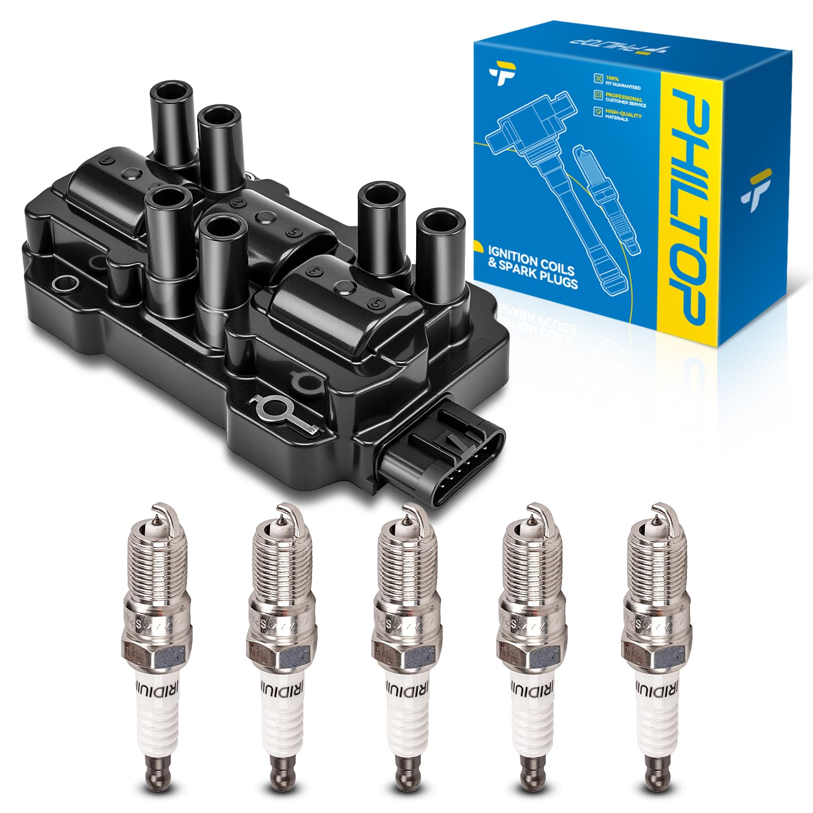 PHILTOP 1 Ignition Coil &amp; 5 Spark Plugs Set Fit for Impala Equinox G6 Aura