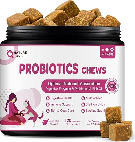 NATURE TARGET Probióticos para perros y enzimas digestivas para la salud digestiva, además de aceite de pescado y vitaminas suplemento para alergias