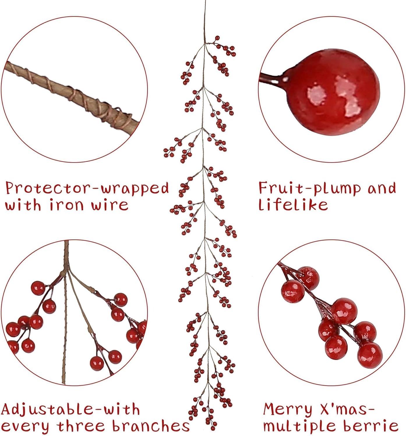 Greentime Christmas Red Berry Garland, Fake Red Berry for Indoor Outdoor Home Decoration for Winter Christmas Holiday New Year Decor - Image 3