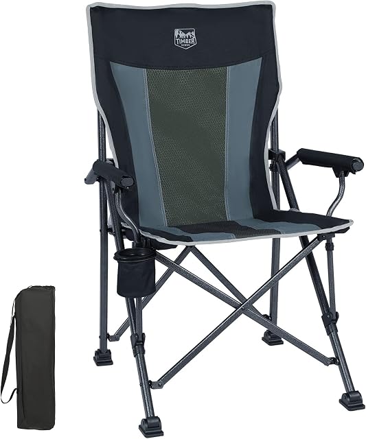 Timber Ridge Folding Camping Chair High Back Camping Chairs Adults Heavy Duty 150kg Foldable Chair with Hard Armrest Portable for Outdoor Camping Fishing Garden Festival Black