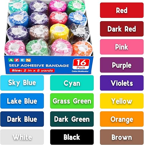 Miniatura 7 de AZEN Paquete de 16 vendajes autoadhesivos, envoltura elástica cohesiva de 2 pulgadas x 5 yardas, cinta atlética de color, envoltura veterinaria,