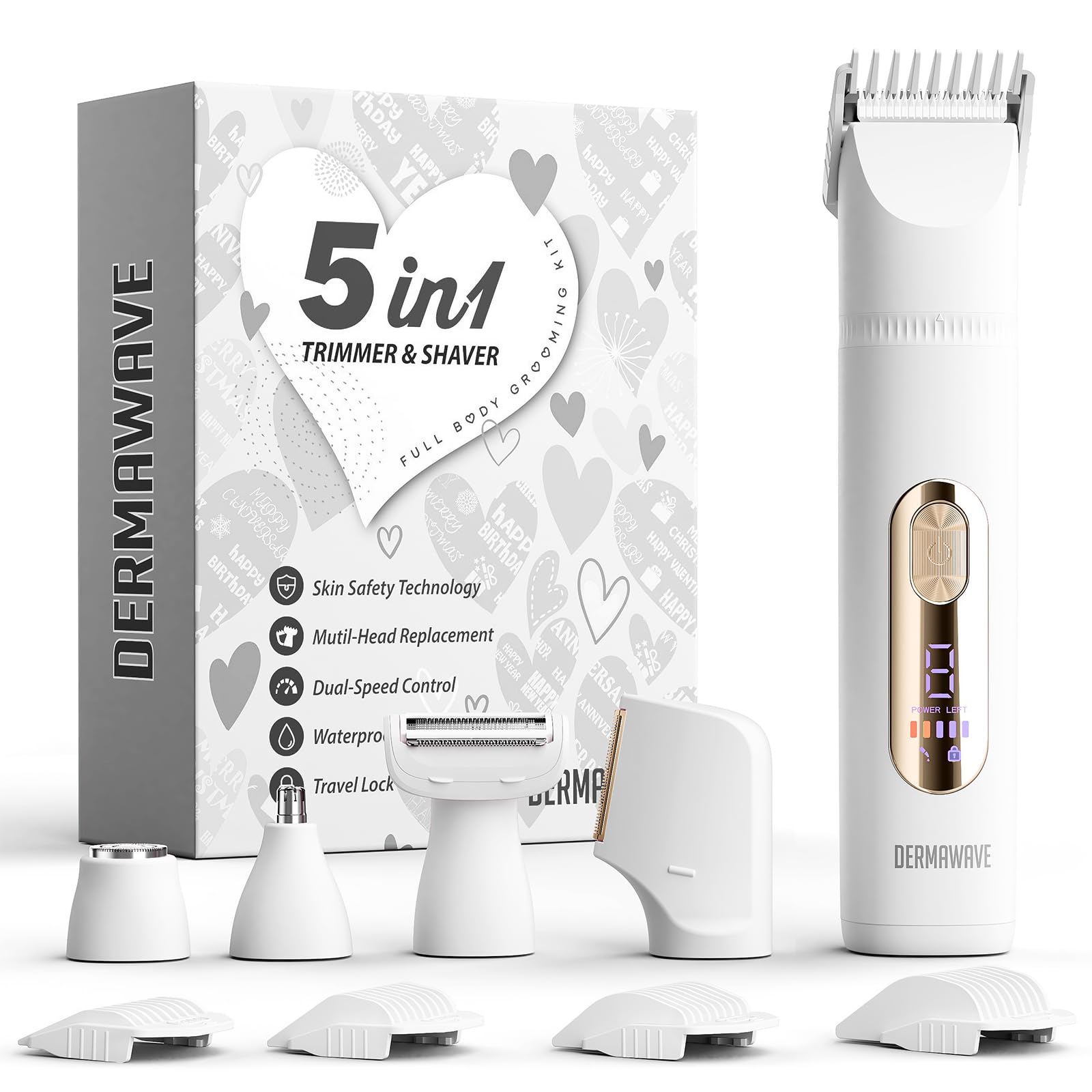 DERMAWAVE 5-in-1 Electric Bikini Trimmer for Women Pubic Hair Waterproof Electric Razor Foil Shaver Hair Trimmer Epilator for