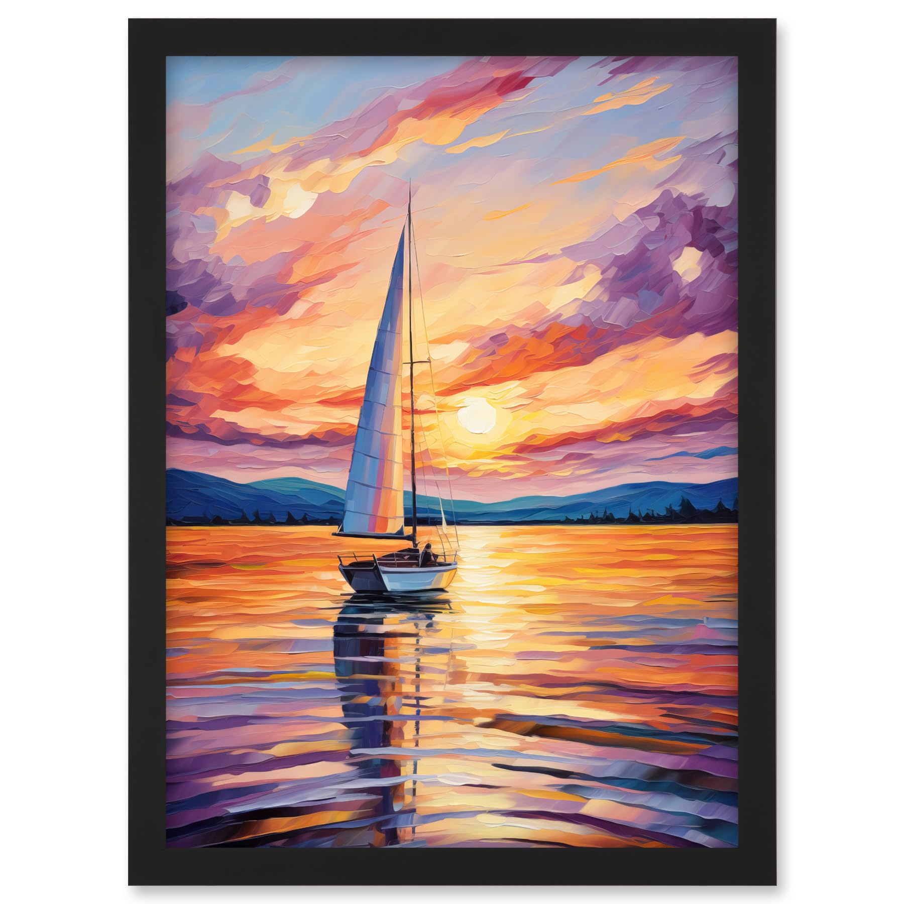 Artery8 Sunset Sailing Vibrant Oil Painting Orange Purple Blue Bathroom Artwork Sail Boat Seascape Artwork Framed A3 Wall Art Print