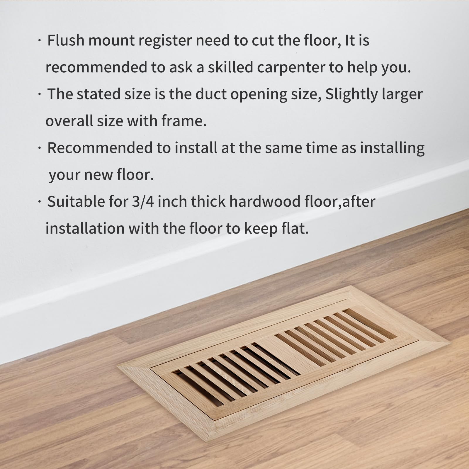 Cubierta de ventilación de roble blanco para piso de casa, ventilación de montaje empotrado con amortiguador de metal, fácil ajuste de flujo de aire, 4 x 10 pulgadas, sin terminar.