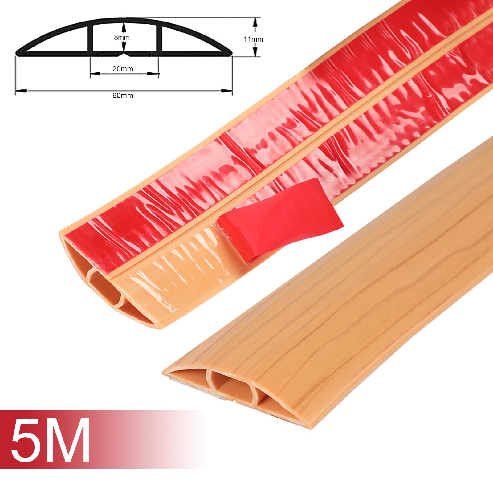 Protezione per cavi da pavimento, flessibile, ritagliabile, protezione per cavi in PVC, autoadesiva, copertura per cavi da pavimento, protegge i cavi e previene le cadute, 60 mm x 5 m, venature del