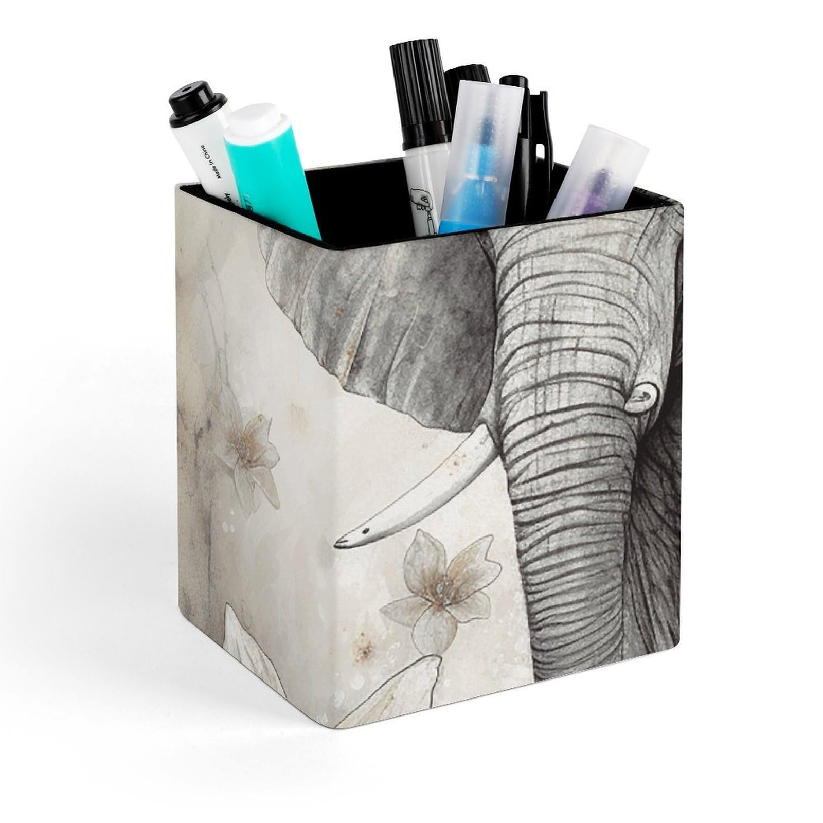 FekiLoot Animals Cute Elephant Pencil Holder Square Leather Pen Holder Cup Modern Multi-Functional Pencil Cup Holder Decorative Desk Organizer Caddy Makeup Brush Holders for Desk Office