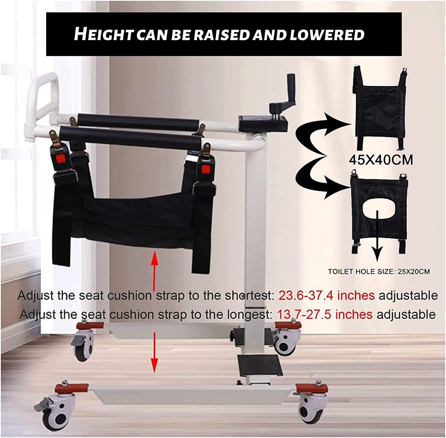 Silla de Ruedas para Ducha y WC, Elevador para Silla De Ruedas Grúa para Elevación Y Traslado De Pacientes Reposapiés Abatibles Ajustables en Altura para Ancianos Discapacitados