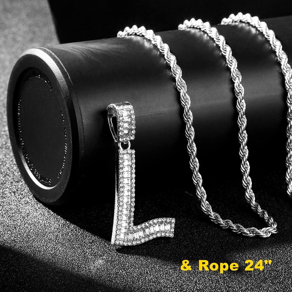 HH Bling Silver Gold Iced Out Baguette Initial Letter Necklaces for Men Women, Big Cz Diamond Capital Letter Pendant A-Z with Rope Tennis Chains - Image 3