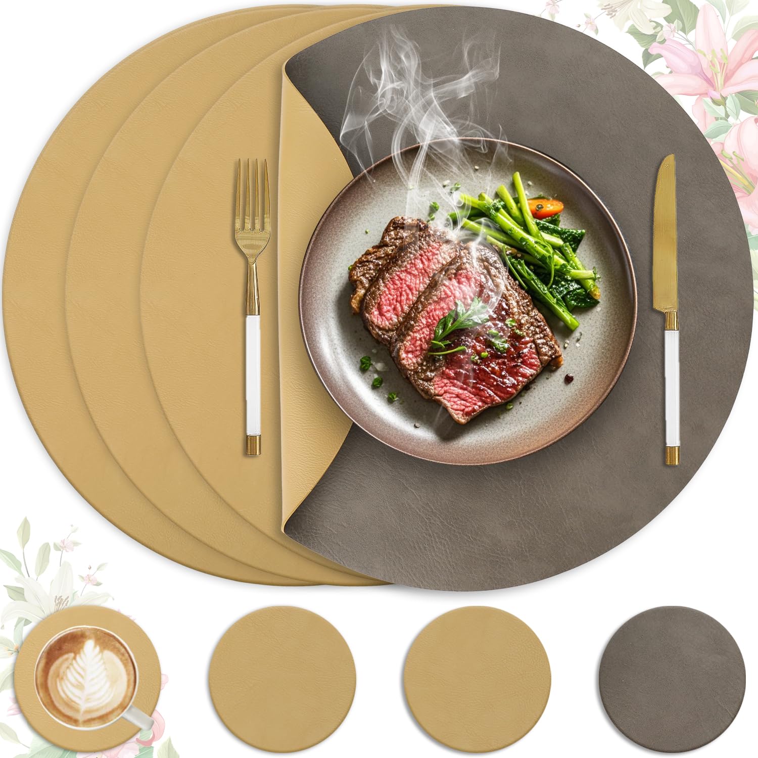 Heli MAIO Tischsets und Untersetzer 4er Set,Platzsets Abwaschbar und Doppelseitigen rutschfest Platzdeckchen,Tischset Leder Kunstleder,Platzdeckchen wasserdicht