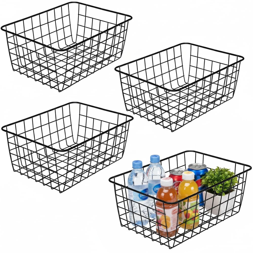 LeleCAT Wire Baskets with Handles, Wire Storage Organizer Baskets, Household Refrigerator for Cabinets, Pantry, Closets, Bedrooms - Set of 4（Black)