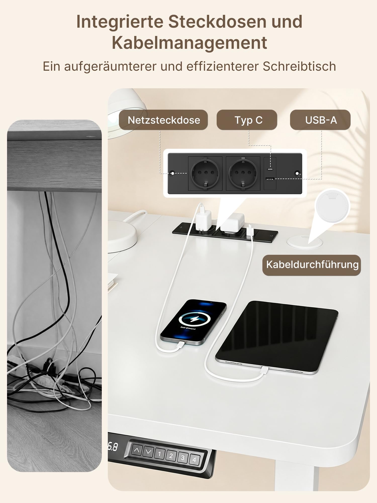 JUMMICO Höhenverstellbarer Schreibtisch 140x70 cm mit Steckdose | Schreibtisch Höhenverstellbar Elektrisch Stehtisch, Steh-Sitz Tisch, Bürotisch Computertisch, Wolkenweiß
