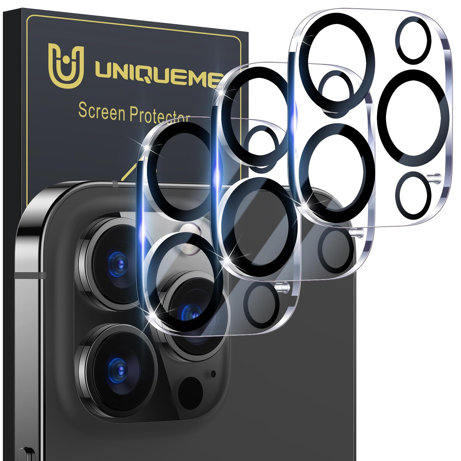 UniqueMe für iPhone 13 Pro/iPhone 13 Pro Max Kameraschutz - [Kratzfest, Stabil] Ultra-Klar 9H Härte Kameraschutz für iPhone 13 Pro Max/iPhone 13 Pro Kamera Schutz [3 Stück] - HD Transparent