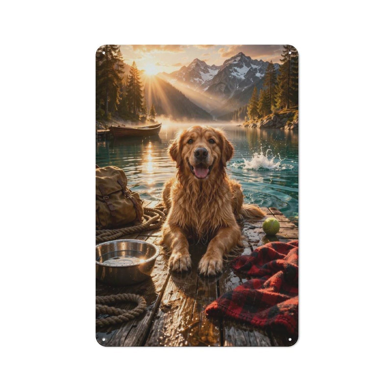 Junmoney Style-15 Character Decorative Tin Plaque 30X20cm Featuring Golden Retriever By A Mountain Lake, Home Wall Decor For Flat, Dorm Room, Lounge Or Cafe