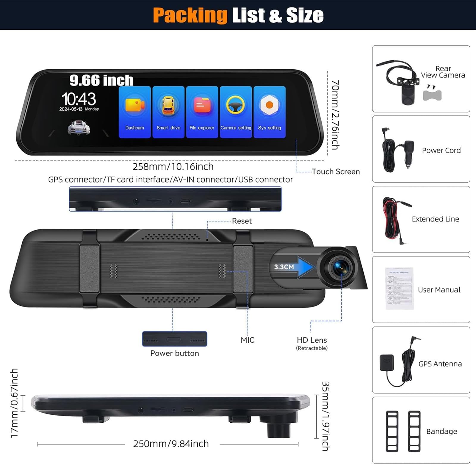 CAMECHO Retrovisor 4K 9.66 Pulgadas Mirror Dash CAM Coche con Cámara 1080P, Delantera 150° y Trasera Dashcam 120° con ADAS y BSD Línea Inversa, Visión Nocturna, Sensor G, GPS y WiFi