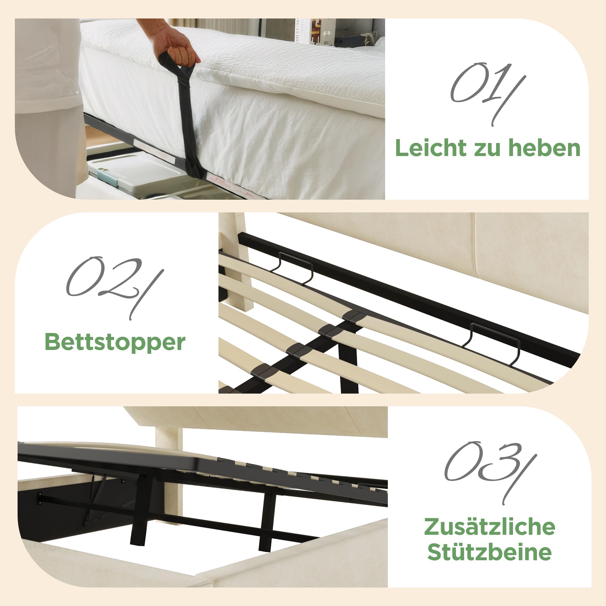 DEKKETO Doppelbett 180x200, Boxspringbett und Lattenrost mit Stauraum, kopfteil mit 3 USB und 1 Typ C-Port, Polsterbett mit LED-Beleuchtung, Samt Bett Beige, ohne Matratze