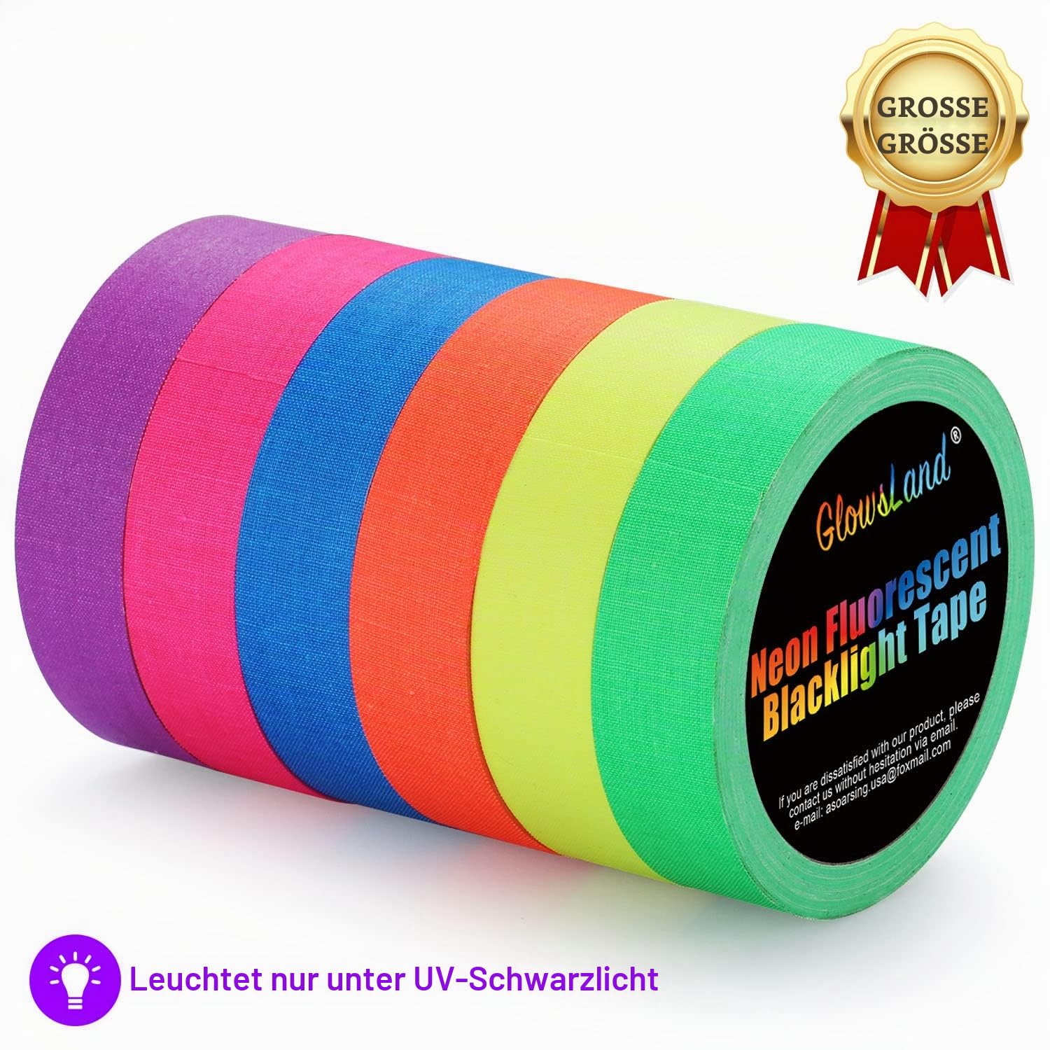 Neon Klebeband Größere Größe Neon Gaffa Tape, UV aktiv Tape, Fluoreszierendes, Leuchtband, 6 Farben, 25MM*15M Pro Rolle für Halloween