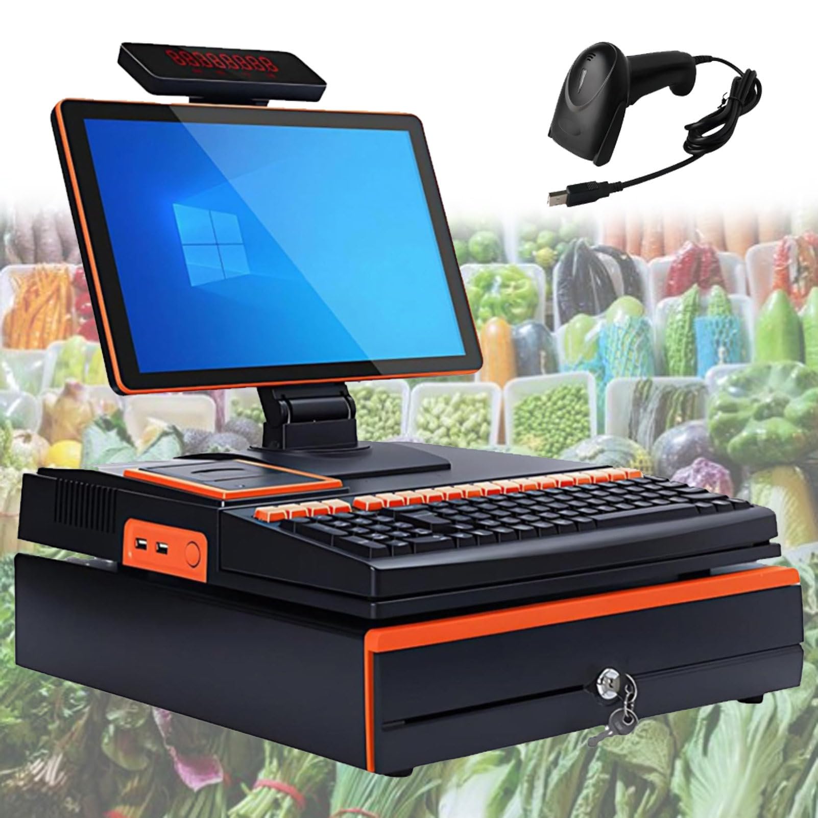 Pvxa Orange 15.6 Inch Touch Screen, Cash Register, Keyboard, Built-In 58Mm Printer, Complete Package, Pos Computer, Factory Point Of Sale, Cash Register, For Small Business Singlescreen