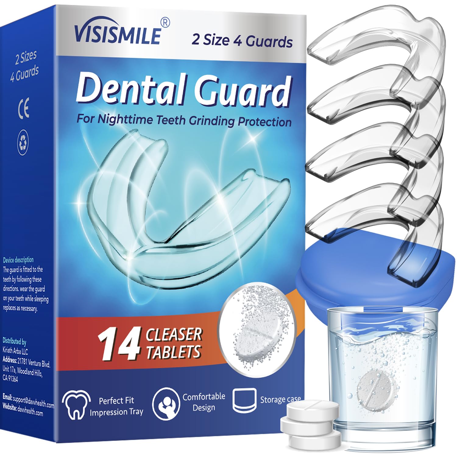 VisismileMouth Guard for Clenching Teeth at Night, Dental Night Guards for Teeth Grinding, Professional Mouth Guard for Grinding Teeth, Stops Bruxism, 2 Sizes Pack of 4 with Hygiene Case, Clear