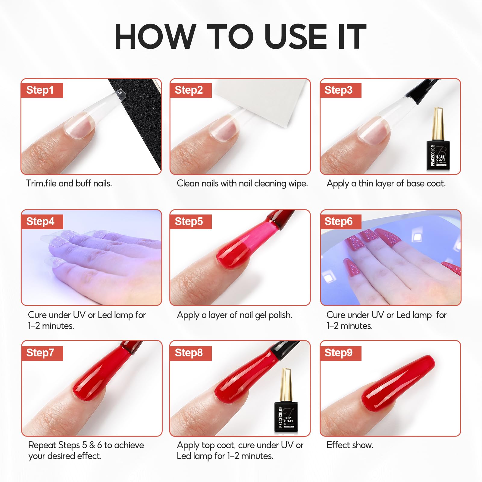 PEACECOLOR 15ML Base et Top Coat Vernis Semi Permanent Soak-Off UV/LED Gel UV No Wipe Top Coat et Base Coat pour Manucure DIY Home