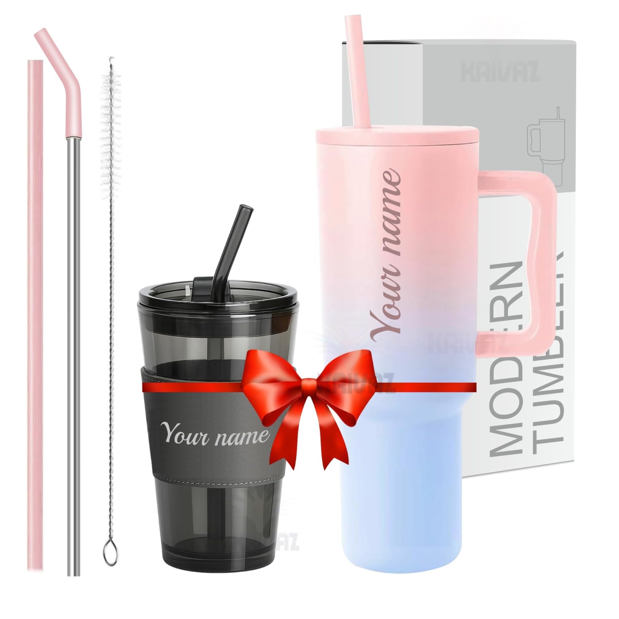 Personalized Tumblers with Straw and Handle | Custom Name Insulated Travel Mug & Cup Set with Cleaning Brush | Stylish Drinkware Gift for Men & Women (Candy + Black Mugs)-image-19