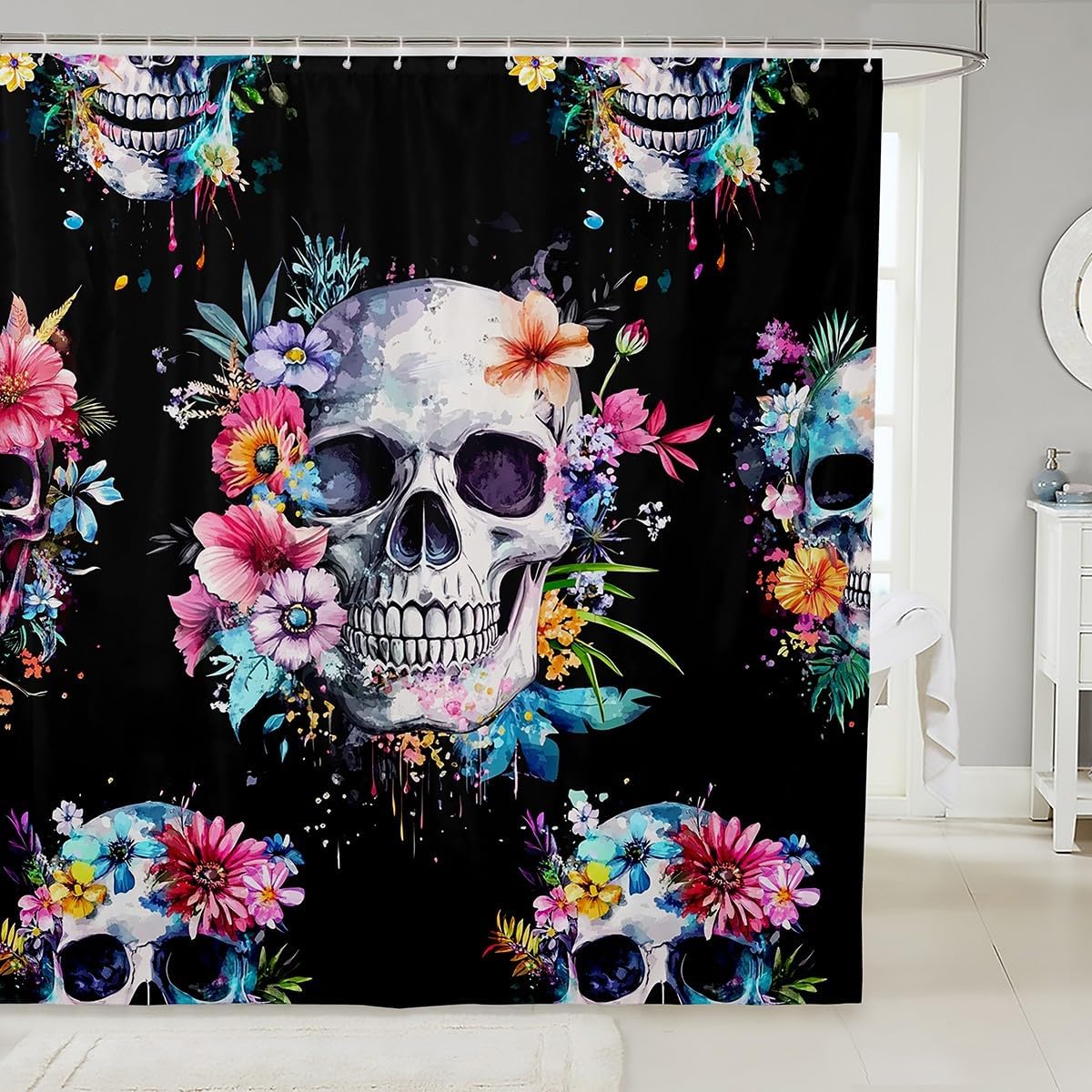 Feelyou Sugar Skull Shower Curtain 72"x78" Gothic Skull Floral Bath Curtain for Boys Girls Teens Boho Skeleton Bathroom Shower Curtain Set Waterproof Bones Kids Bathroom Accessories